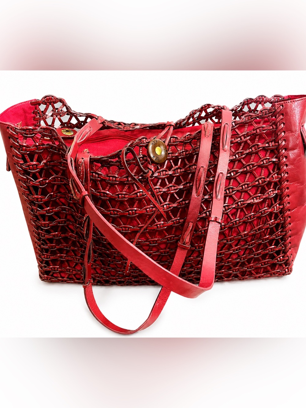 The Sak Red Woven Leather Tote Bag | Genuine Leather Shoulder Bag Boho